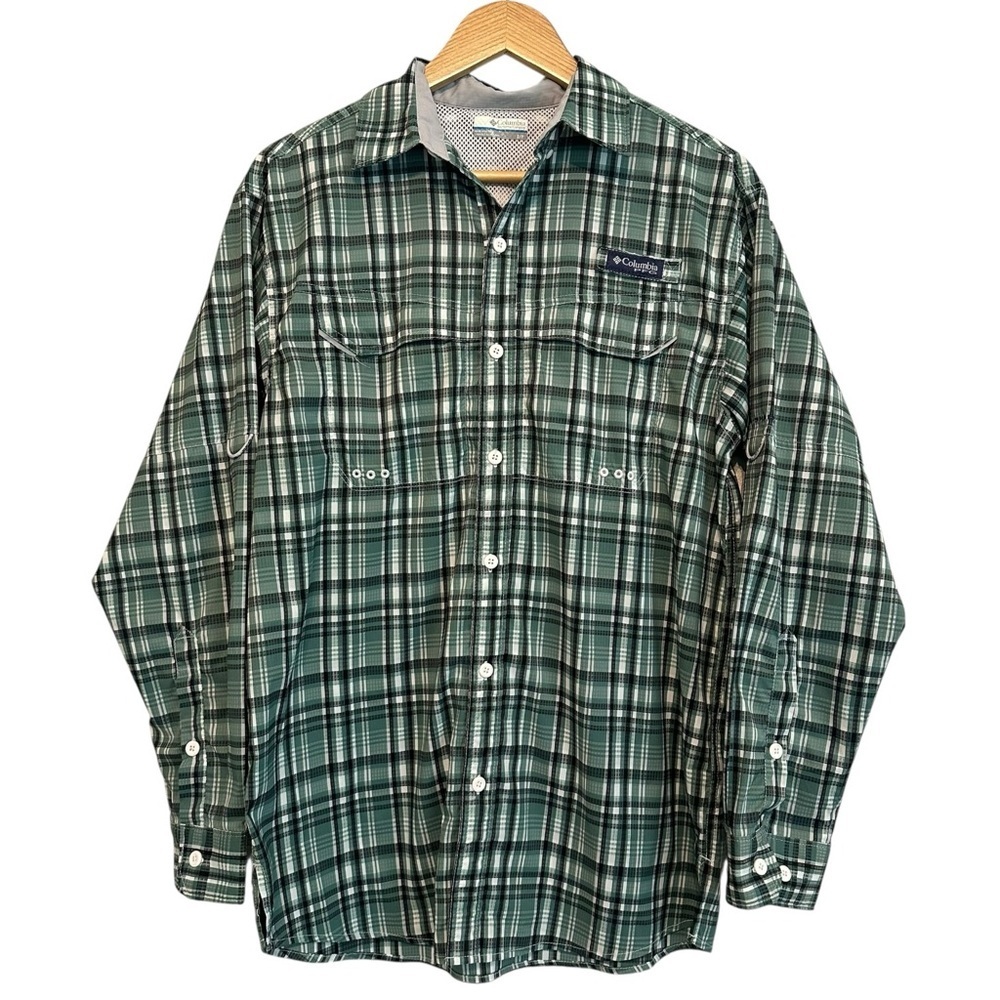 Columbia Men's Small Green Plaid Outdoor Fishing Sportsman Long Sleeve Shirt